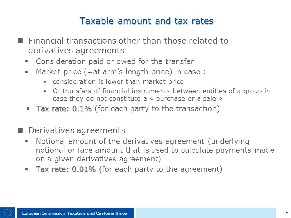 5 European Commission Taxation and Customs Union Taxable amount and tax rates Financial transactions other than those related to derivatives agreements Consideration paid or owed for the transfer Market price (=at arms length price) in case : consideration is lower than market price Or transfers of financial instruments between entities of a group in case they do not constitute a « purchase or a sale » Tax rate: 0.1% Tax rate: 0.1% (for each party to the transaction) Derivatives agreements Notional amount of the derivatives agreement (underlying notional or face amount that is used to calculate payments made on a given derivatives agreement) Tax rate: 0.01% ( Tax rate: 0.01% (for each party to the agreement)