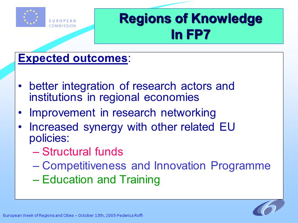 European Week of Regions and Cities – October 13th, 2005-Federica Roffi Expected outcomes: better integration of research actors and institutions in regional economies Improvement in research networking Increased synergy with other related EU policies: –Structural funds –Competitiveness and Innovation Programme –Education and Training Regions of Knowledge Regions of Knowledge In FP7 In FP7