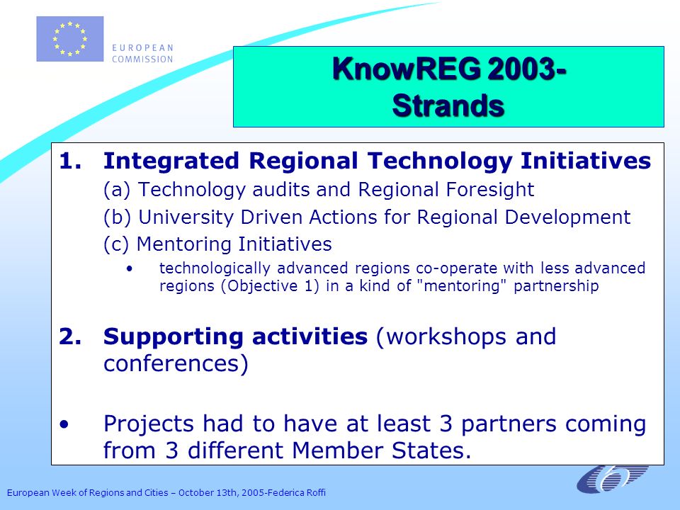 European Week of Regions and Cities – October 13th, 2005-Federica Roffi 1.Integrated Regional Technology Initiatives (a) Technology audits and Regional Foresight (b) University Driven Actions for Regional Development (c) Mentoring Initiatives technologically advanced regions co-operate with less advanced regions (Objective 1) in a kind of mentoring partnership 2.Supporting activities (workshops and conferences) Projects had to have at least 3 partners coming from 3 different Member States.