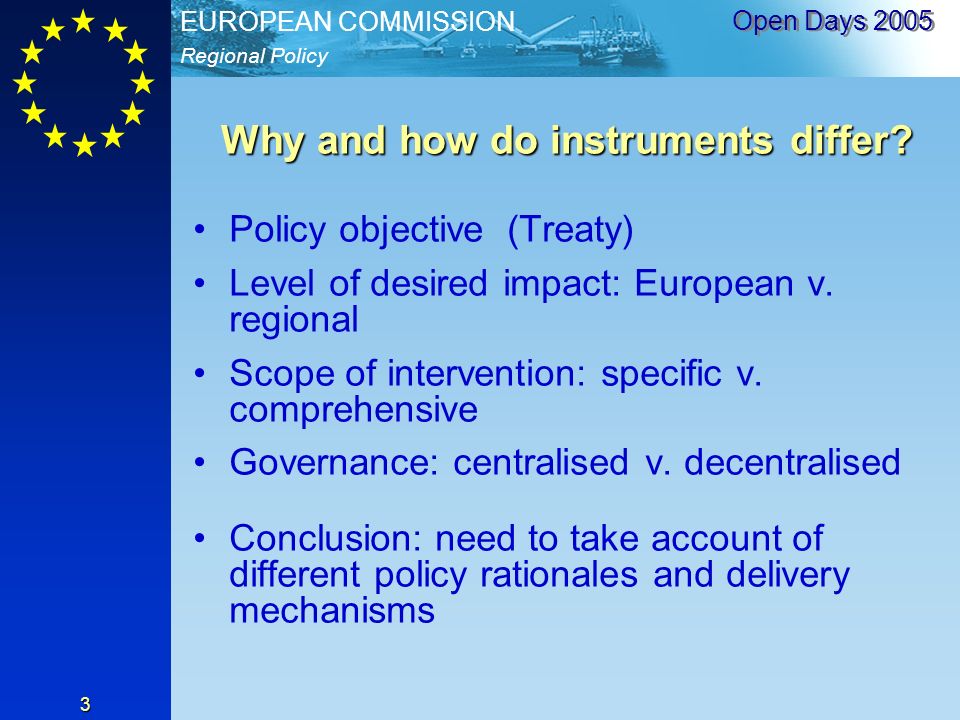 Regional Policy EUROPEAN COMMISSION Open Days Why and how do instruments differ.