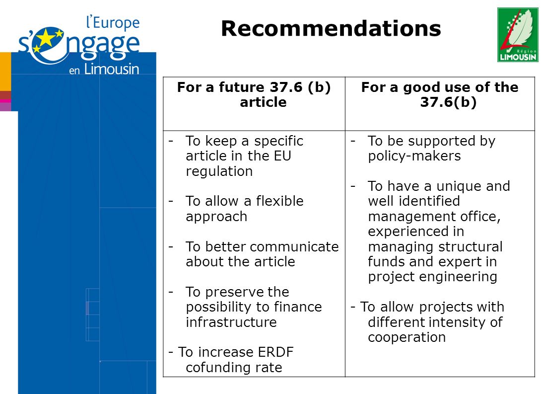 Recommendations For a future 37.6 (b) article For a good use of the 37.6(b) -To keep a specific article in the EU regulation -To allow a flexible approach -To better communicate about the article -To preserve the possibility to finance infrastructure - To increase ERDF cofunding rate -To be supported by policy-makers -To have a unique and well identified management office, experienced in managing structural funds and expert in project engineering - To allow projects with different intensity of cooperation