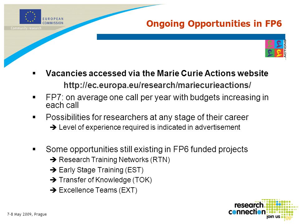 Vacancies accessed via the Marie Curie Actions website   FP7: on average one call per year with budgets increasing in each call Possibilities for researchers at any stage of their career Level of experience required is indicated in advertisement Some opportunities still existing in FP6 funded projects Research Training Networks (RTN) Early Stage Training (EST) Transfer of Knowledge (TOK) Excellence Teams (EXT) Ongoing Opportunities in FP6