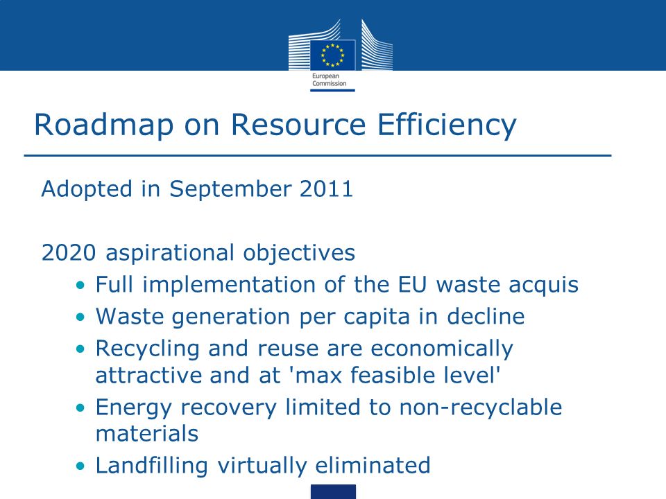 Roadmap on Resource Efficiency Adopted in September aspirational objectives Full implementation of the EU waste acquis Waste generation per capita in decline Recycling and reuse are economically attractive and at max feasible level Energy recovery limited to non-recyclable materials Landfilling virtually eliminated