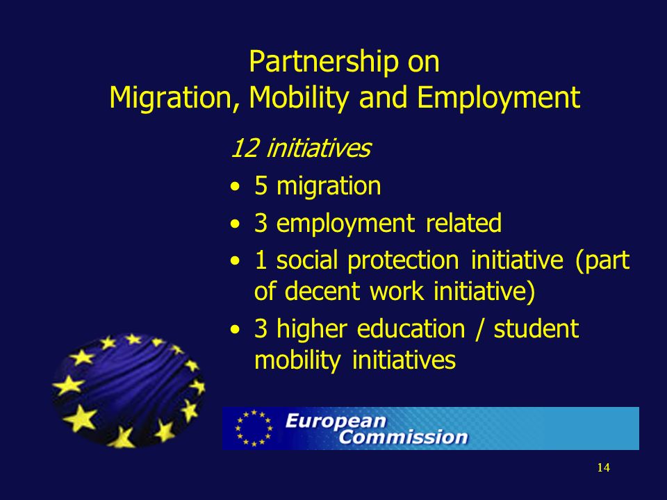 14 Partnership on Migration, Mobility and Employment 12 initiatives 5 migration 3 employment related 1 social protection initiative (part of decent work initiative) 3 higher education / student mobility initiatives