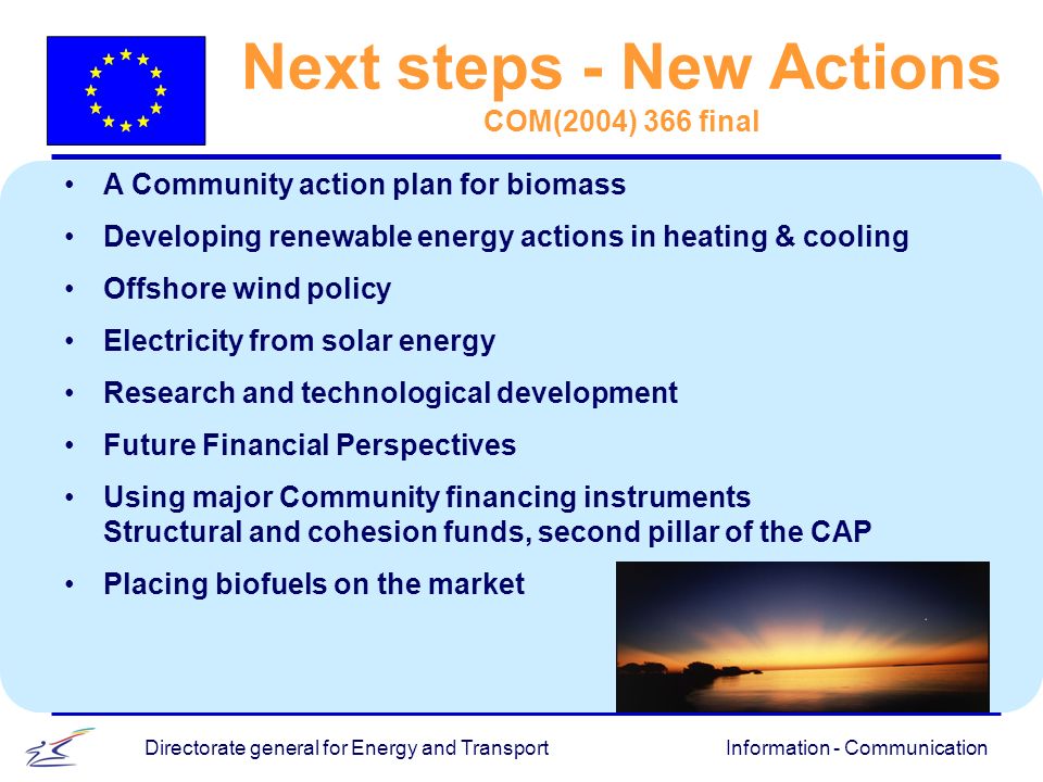 Information - CommunicationDirectorate general for Energy and Transport Next steps - New Actions COM(2004) 366 final A Community action plan for biomass Developing renewable energy actions in heating & cooling Offshore wind policy Electricity from solar energy Research and technological development Future Financial Perspectives Using major Community financing instruments Structural and cohesion funds, second pillar of the CAP Placing biofuels on the market