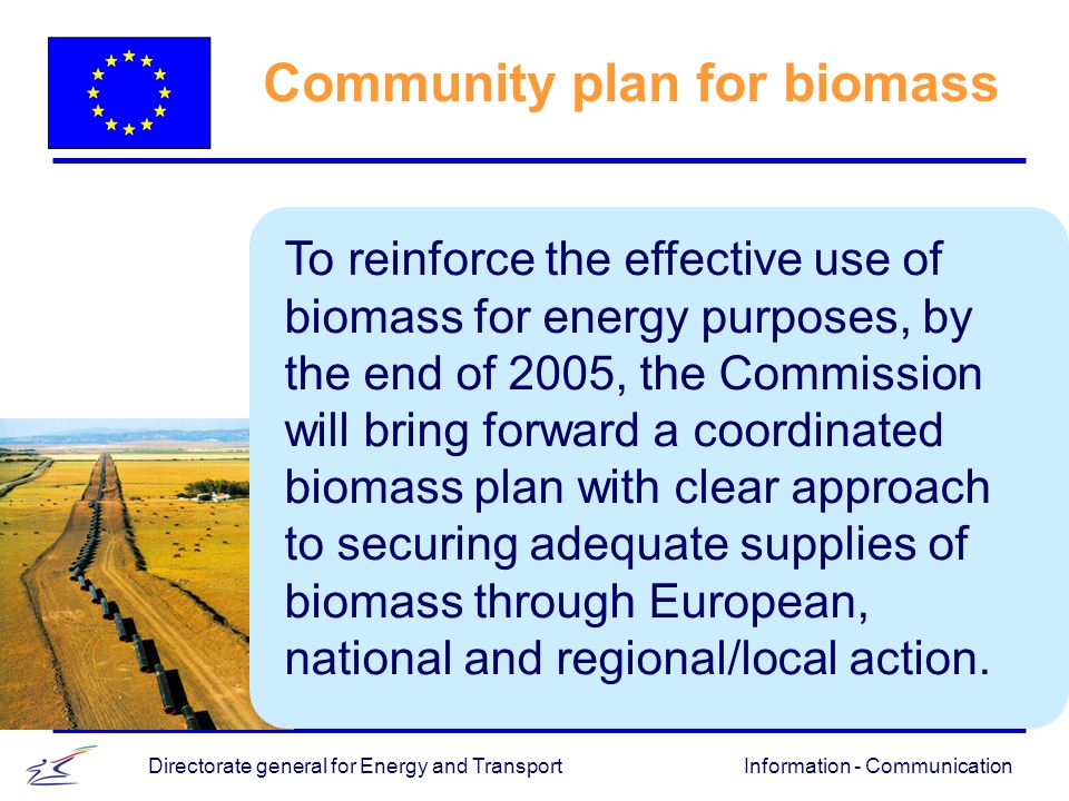 Information - CommunicationDirectorate general for Energy and Transport Community plan for biomass To reinforce the effective use of biomass for energy purposes, by the end of 2005, the Commission will bring forward a coordinated biomass plan with clear approach to securing adequate supplies of biomass through European, national and regional/local action.
