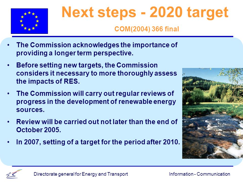 Information - CommunicationDirectorate general for Energy and Transport Next steps target COM(2004) 366 final The Commission acknowledges the importance of providing a longer term perspective.