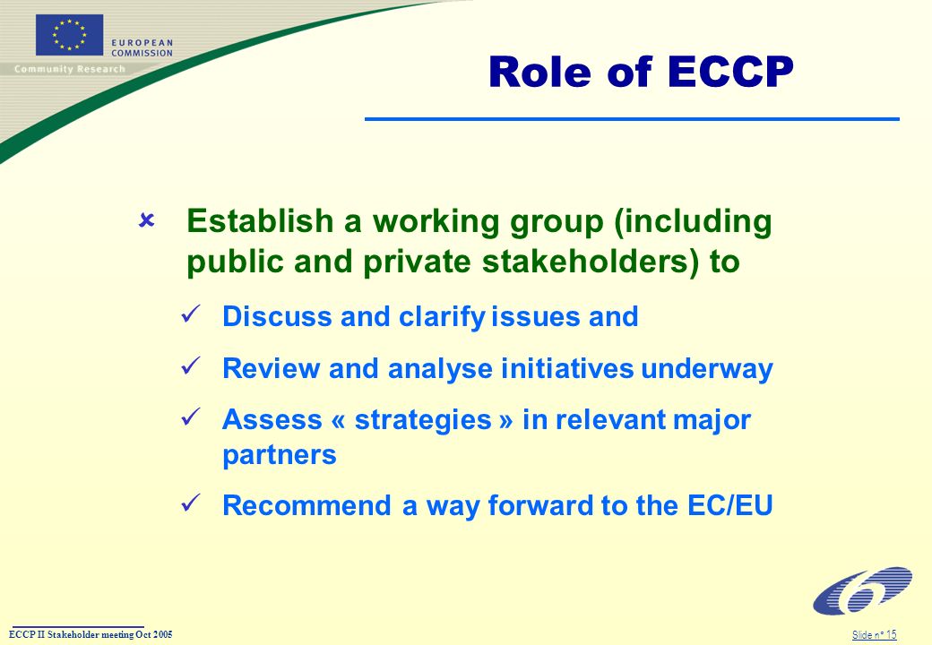 ECCP II Stakeholder meeting Oct 2005 Slide n° 15 Role of ECCP Establish a working group (including public and private stakeholders) to Discuss and clarify issues and Review and analyse initiatives underway Assess « strategies » in relevant major partners Recommend a way forward to the EC/EU