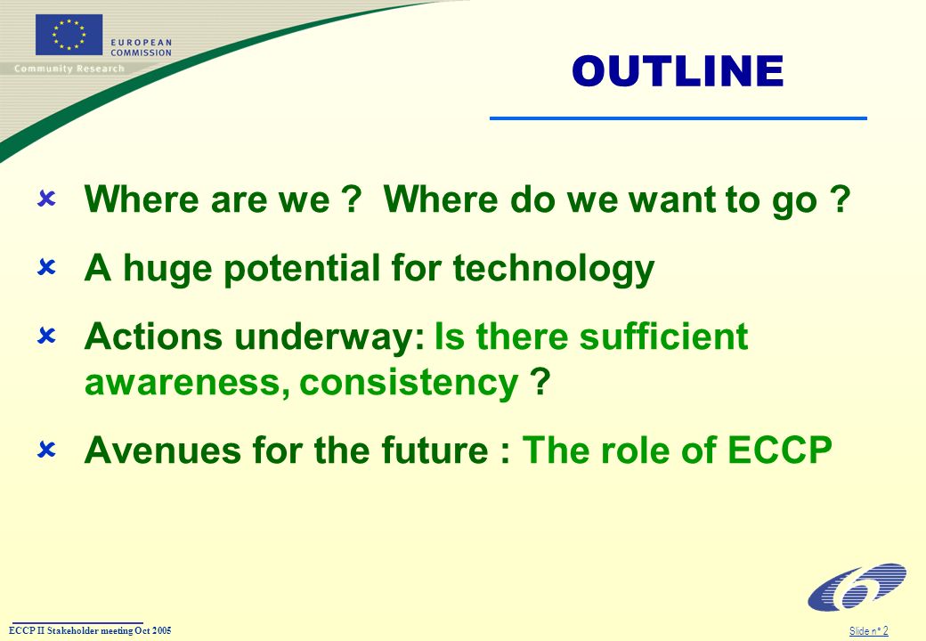 ECCP II Stakeholder meeting Oct 2005 Slide n° 2 OUTLINE Where are we .