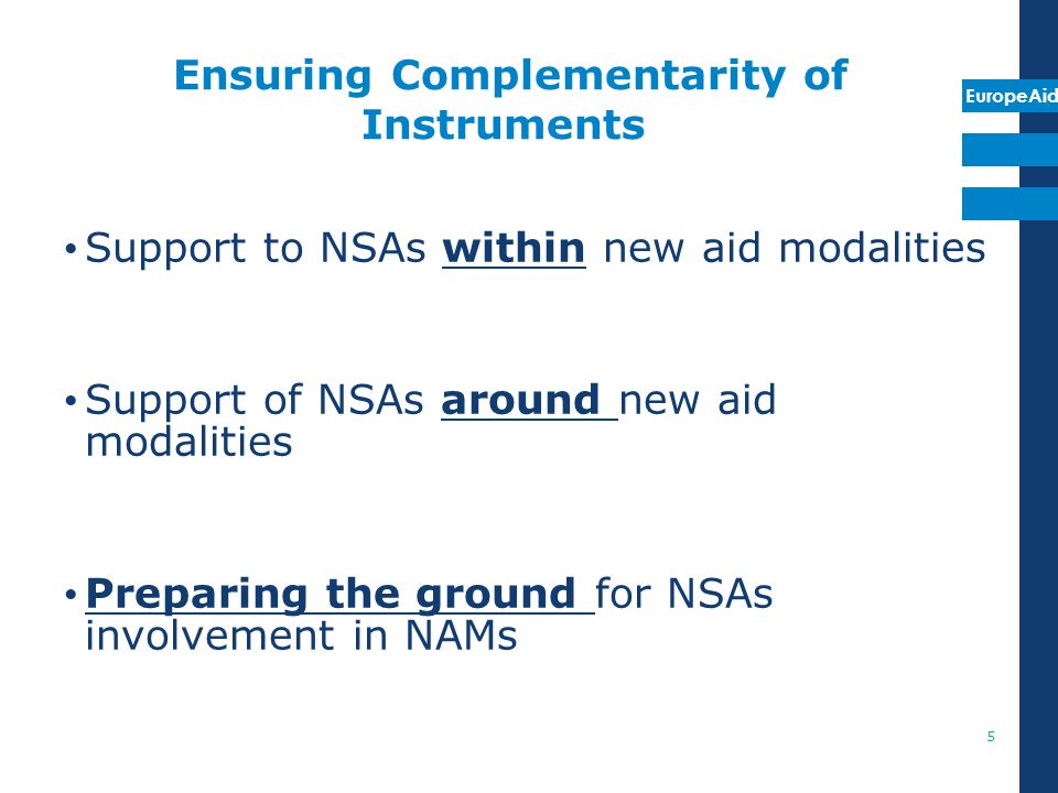EuropeAid Ensuring Complementarity of Instruments Support to NSAs within new aid modalities Support of NSAs around new aid modalities Preparing the ground for NSAs involvement in NAMs 5