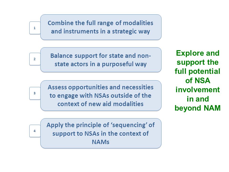Assess opportunities and necessities to engage with NSAs outside of the context of new aid modalities Balance support for state and non- state actors in a purposeful way Balance support for state and non- state actors in a purposeful way Combine the full range of modalities and instruments in a strategic way Apply the principle of sequencing of support to NSAs in the context of NAMs Explore and support the full potential of NSA involvement in and beyond NAM
