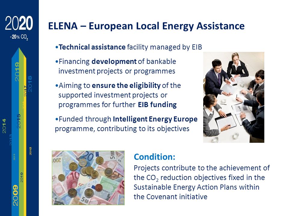 14 Technical assistance facility managed by EIB Financing development of bankable investment projects or programmes Aiming to ensure the eligibility of the supported investment projects or programmes for further EIB funding Funded through Intelligent Energy Europe programme, contributing to its objectives ELENA – European Local Energy Assistance Condition: Projects contribute to the achievement of the CO 2 reduction objectives fixed in the Sustainable Energy Action Plans within the Covenant initiative