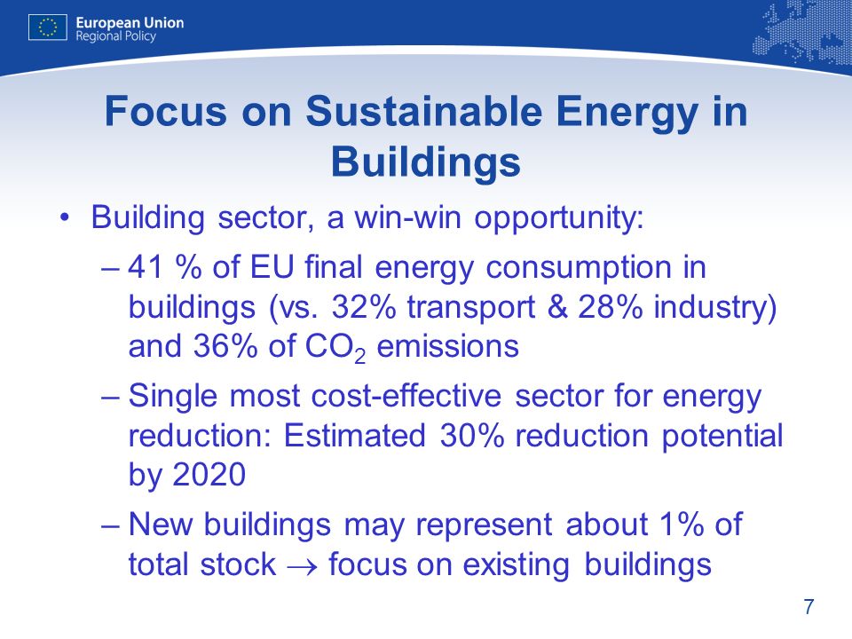 7 Focus on Sustainable Energy in Buildings Building sector, a win-win opportunity: –41 % of EU final energy consumption in buildings (vs.