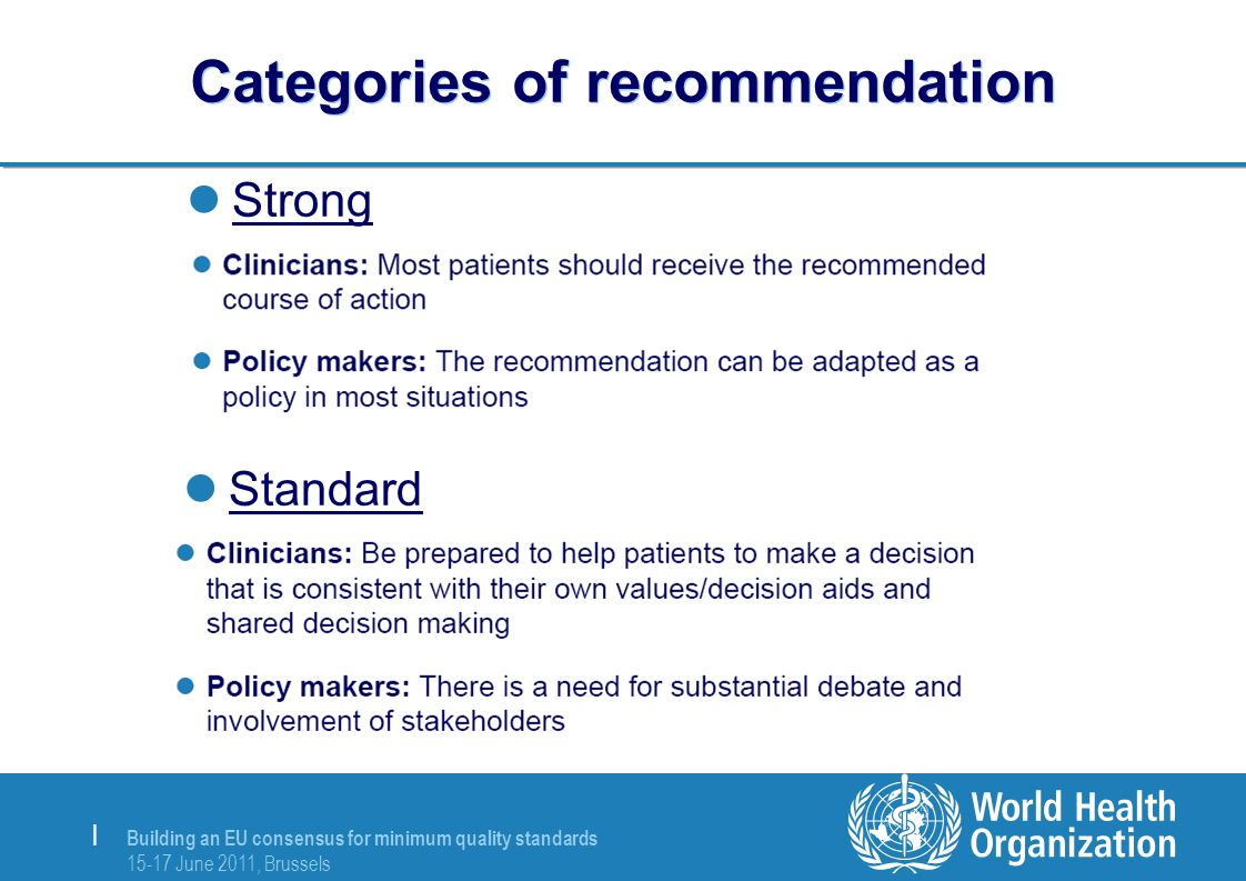 Building an EU consensus for minimum quality standards June 2011, Brussels | Categories of recommendation Strong Standard