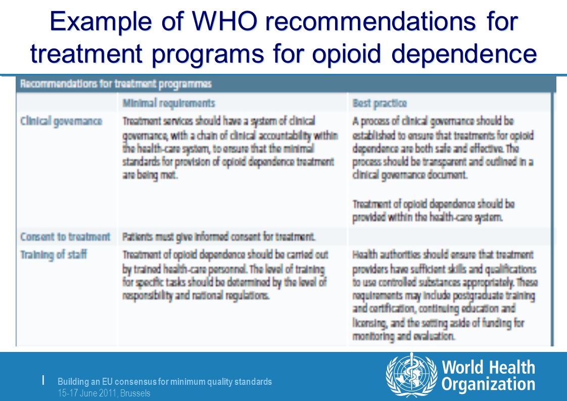 Building an EU consensus for minimum quality standards June 2011, Brussels | Example of WHO recommendations for treatment programs for opioid dependence