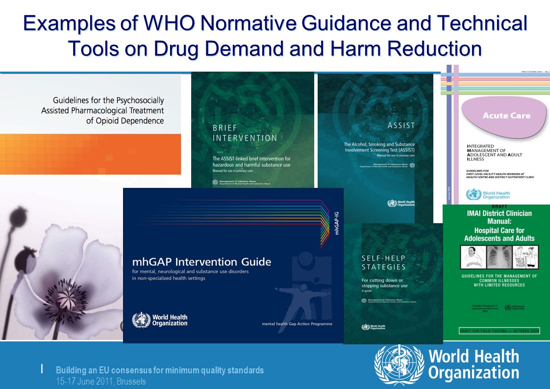 Building an EU consensus for minimum quality standards June 2011, Brussels | Examples of WHO Normative Guidance and Technical Tools on Drug Demand and Harm Reduction
