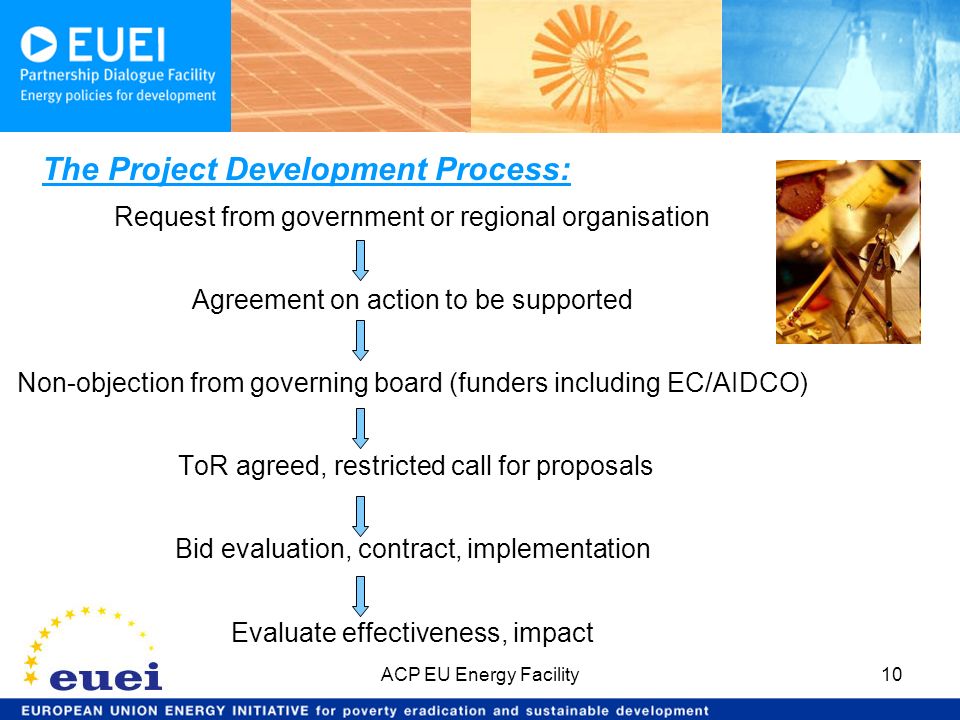 The Project Development Process: Request from government or regional organisation Agreement on action to be supported Non-objection from governing board (funders including EC/AIDCO) ToR agreed, restricted call for proposals Bid evaluation, contract, implementation Evaluate effectiveness, impact ACP EU Energy Facility10