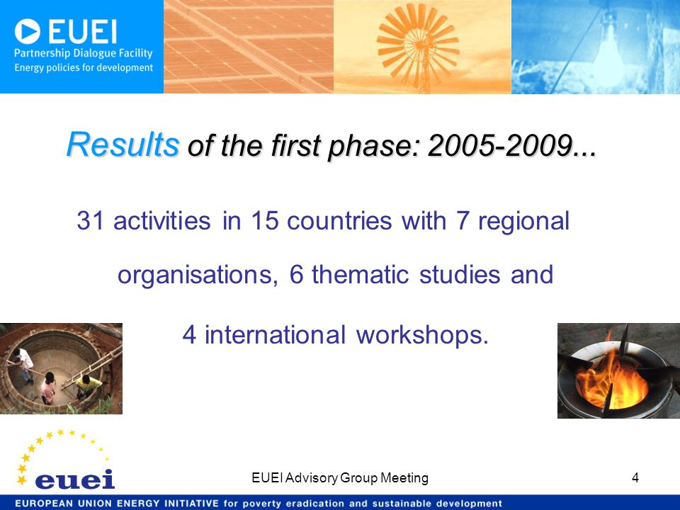 EUEI Advisory Group Meeting4 31 activities in 15 countries with 7 regional organisations, 6 thematic studies and 4 international workshops.