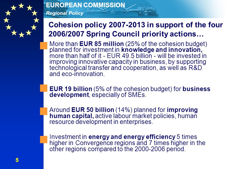 Regional Policy EUROPEAN COMMISSION Cohesion policy in support of the four 2006/2007 Spring Council priority actions… More than EUR 85 million (25% of the cohesion budget) planned for investment in knowledge and innovation, more than half of it - EUR 49.5 billion - will be invested in improving innovative capacity in business, by supporting technological transfer and cooperation, as well as R&D and eco-innovation.