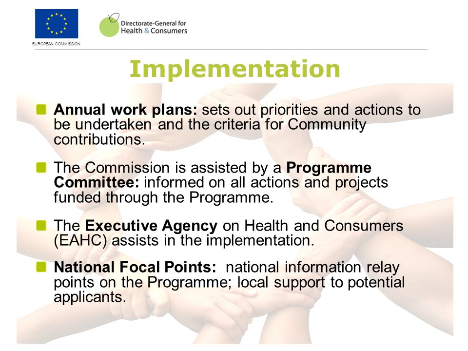 EUROPEAN COMMISSION Implementation Annual work plans: sets out priorities and actions to be undertaken and the criteria for Community contributions.