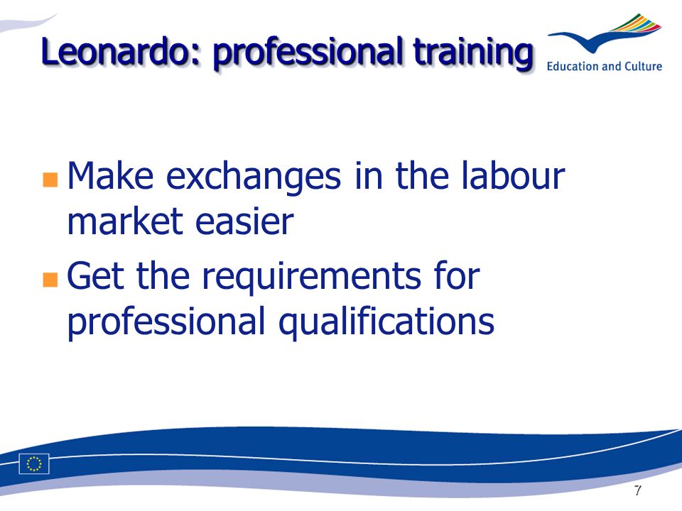 7 Leonardo: professional training Make exchanges in the labour market easier Get the requirements for professional qualifications