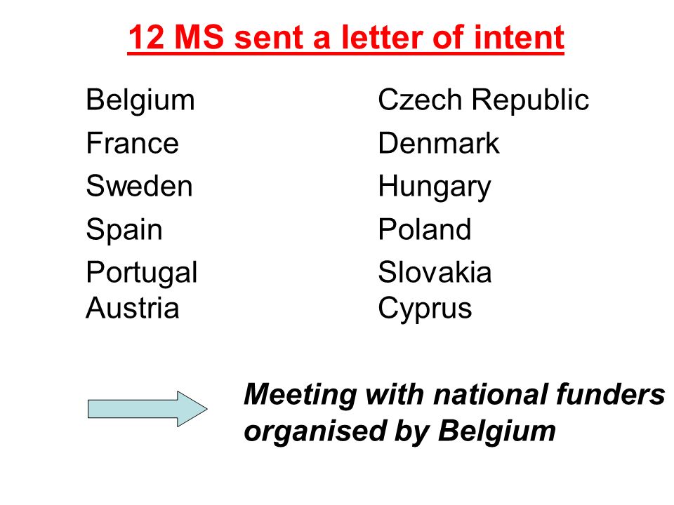 12 MS sent a letter of intent Belgium Czech Republic France Denmark Sweden Hungary Spain Poland Portugal Slovakia AustriaCyprus Meeting with national funders organised by Belgium