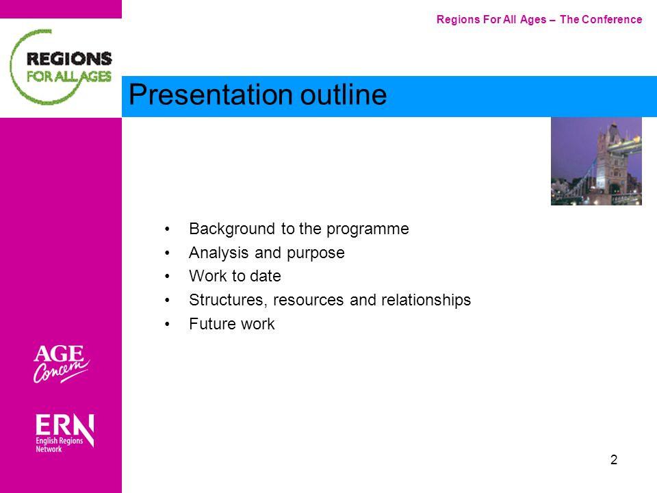 2 Background to the programme Analysis and purpose Work to date Structures, resources and relationships Future work Regions For All Ages – The Conference Presentation outline