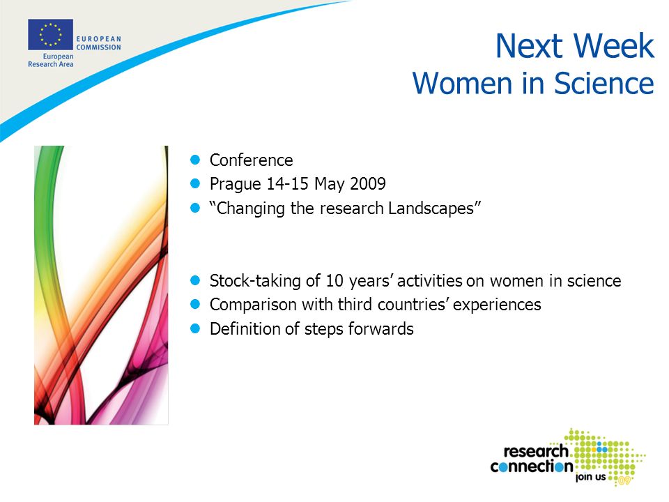 8 lConference lPrague May 2009 lChanging the research Landscapes lStock-taking of 10 years activities on women in science lComparison with third countries experiences lDefinition of steps forwards Next Week Women in Science