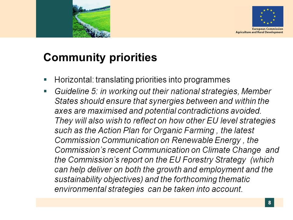 8 Community priorities Horizontal: translating priorities into programmes Guideline 5: in working out their national strategies, Member States should ensure that synergies between and within the axes are maximised and potential contradictions avoided.