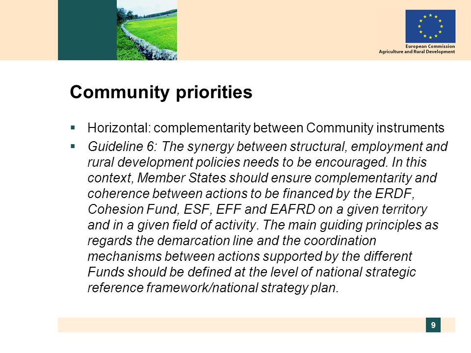 9 Community priorities Horizontal: complementarity between Community instruments Guideline 6: The synergy between structural, employment and rural development policies needs to be encouraged.