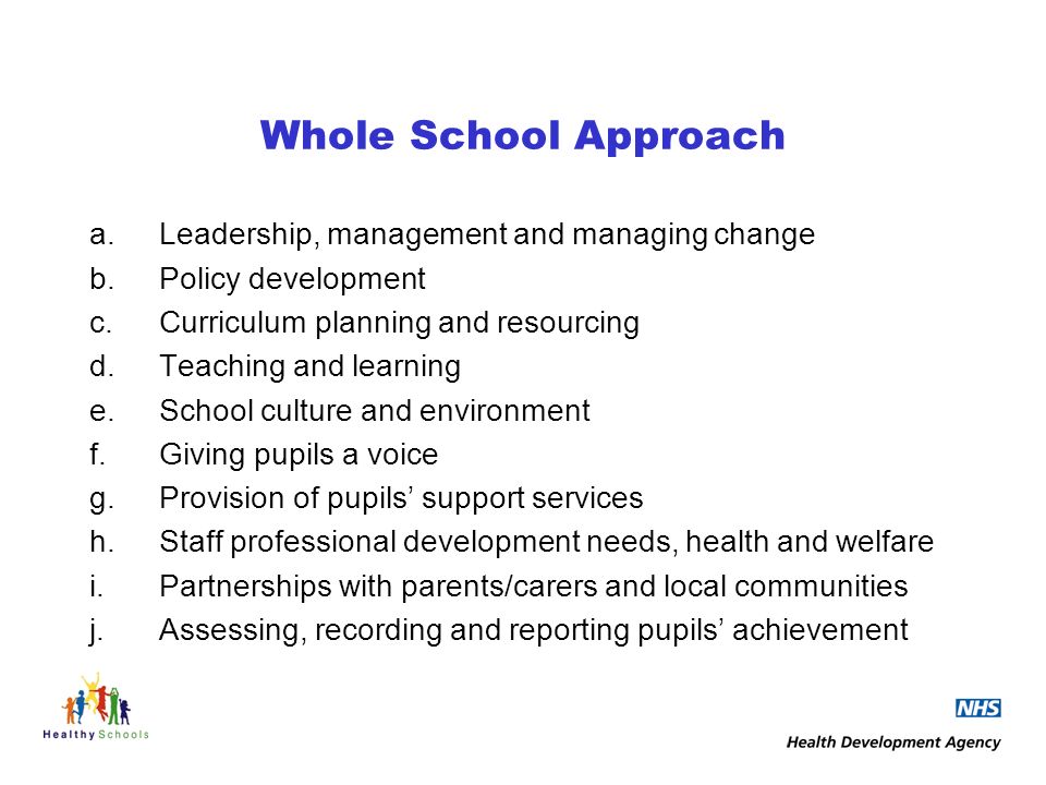 Whole School Approach a.Leadership, management and managing change b.Policy development c.Curriculum planning and resourcing d.Teaching and learning e.School culture and environment f.Giving pupils a voice g.Provision of pupils support services h.Staff professional development needs, health and welfare i.Partnerships with parents/carers and local communities j.Assessing, recording and reporting pupils achievement