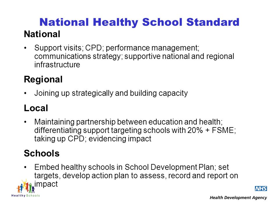 National Healthy School Standard National Support visits; CPD; performance management; communications strategy; supportive national and regional infrastructure Regional Joining up strategically and building capacity Local Maintaining partnership between education and health; differentiating support targeting schools with 20% + FSME; taking up CPD; evidencing impact Schools Embed healthy schools in School Development Plan; set targets, develop action plan to assess, record and report on impact