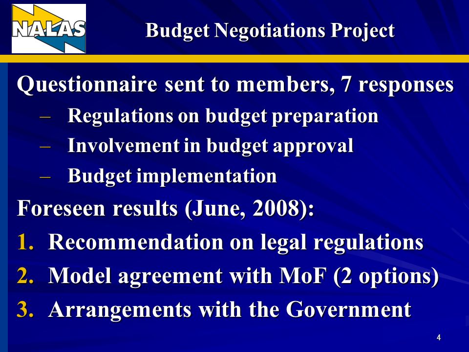 Budget Negotiations Project Questionnaire sent to members, 7 responses –Regulations on budget preparation –Involvement in budget approval –Budget implementation Foreseen results (June, 2008): 1.Recommendation on legal regulations 2.Model agreement with MoF (2 options) 3.Arrangements with the Government 4