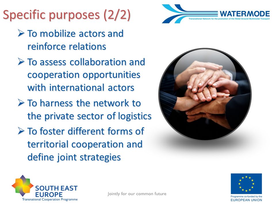 Specific purposes (2/2) To mobilize actors and reinforce relations To mobilize actors and reinforce relations To assess collaboration and cooperation opportunities with international actors To assess collaboration and cooperation opportunities with international actors To harness the network to the private sector of logistics To harness the network to the private sector of logistics To foster different forms of territorial cooperation and define joint strategies To foster different forms of territorial cooperation and define joint strategies