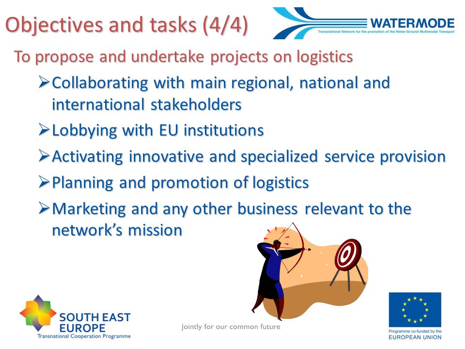 Objectives and tasks (4/4) To propose and undertake projects on logistics Collaborating with main regional, national and international stakeholders Collaborating with main regional, national and international stakeholders Lobbying with EU institutions Lobbying with EU institutions Activating innovative and specialized service provision Activating innovative and specialized service provision Planning and promotion of logistics Planning and promotion of logistics Marketing and any other business relevant to the networks mission Marketing and any other business relevant to the networks mission