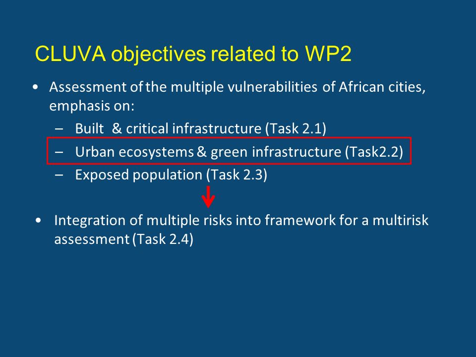 CLUVA objectives related to WP2 Assessment of the multiple vulnerabilities of African cities, emphasis on: –Built & critical infrastructure (Task 2.1) –Urban ecosystems & green infrastructure (Task2.2) –Exposed population (Task 2.3) Integration of multiple risks into framework for a multirisk assessment (Task 2.4)