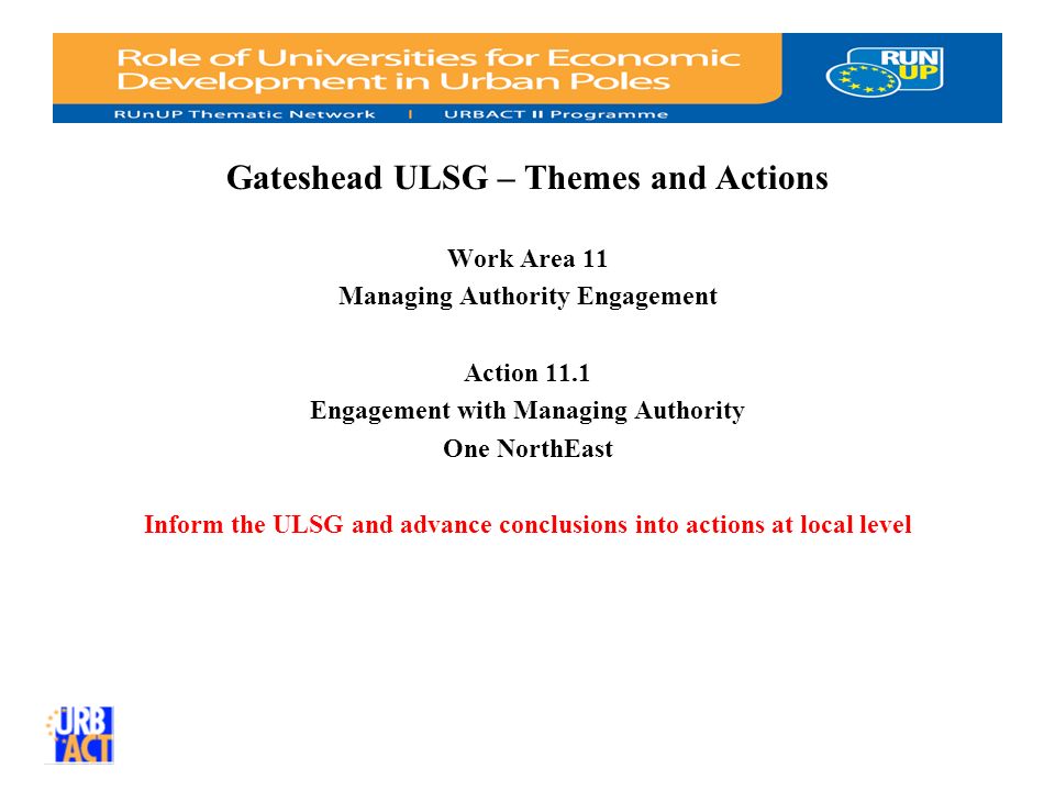 Gateshead ULSG – Themes and Actions Work Area 11 Managing Authority Engagement Action 11.1 Engagement with Managing Authority One NorthEast Inform the ULSG and advance conclusions into actions at local level