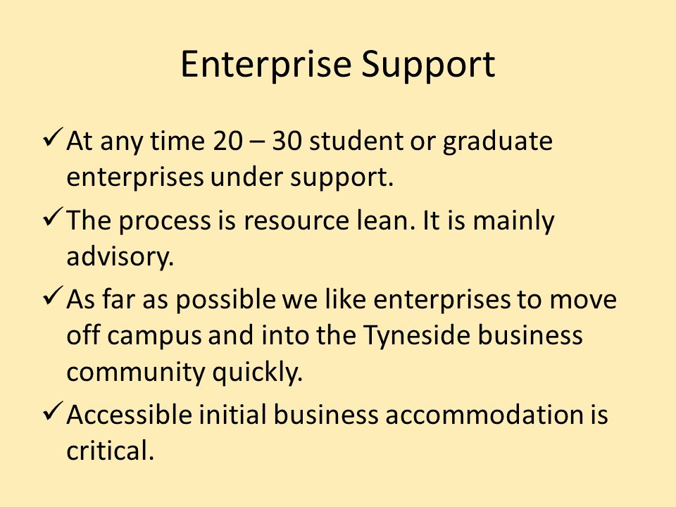 Enterprise Support At any time 20 – 30 student or graduate enterprises under support.