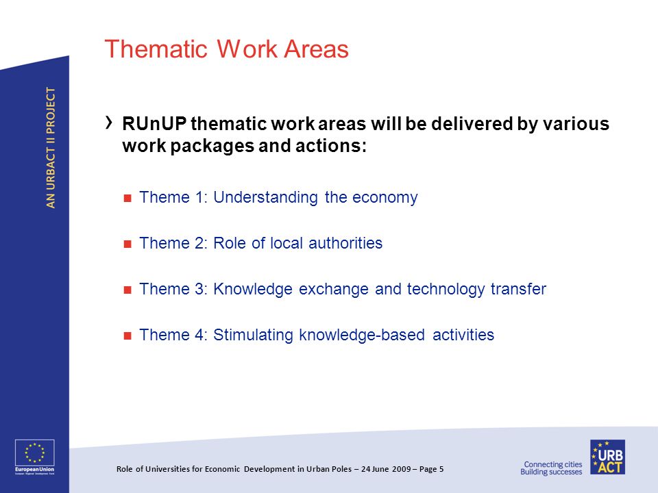 Thematic Work Areas RUnUP thematic work areas will be delivered by various work packages and actions: Theme 1: Understanding the economy Theme 2: Role of local authorities Theme 3: Knowledge exchange and technology transfer Theme 4: Stimulating knowledge-based activities Role of Universities for Economic Development in Urban Poles – 24 June 2009 – Page 5