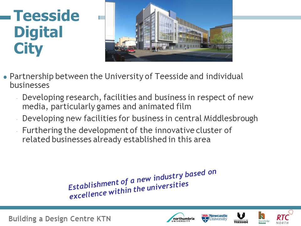 Building a Design Centre KTN Teesside Digital City Partnership between the University of Teesside and individual businesses - Developing research, facilities and business in respect of new media, particularly games and animated film - Developing new facilities for business in central Middlesbrough - Furthering the development of the innovative cluster of related businesses already established in this area Establishment of a new industry based on excellence within the universities