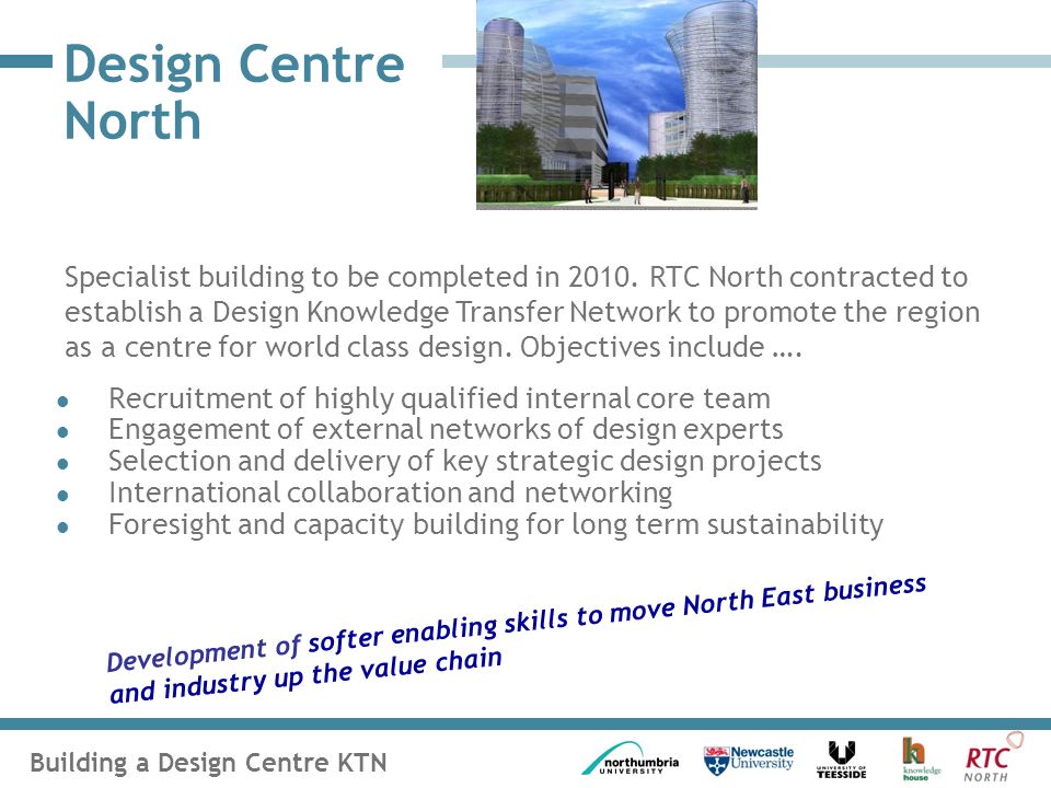 Building a Design Centre KTN Design Centre North Recruitment of highly qualified internal core team Engagement of external networks of design experts Selection and delivery of key strategic design projects International collaboration and networking Foresight and capacity building for long term sustainability Development of softer enabling skills to move North East business and industry up the value chain Specialist building to be completed in 2010.