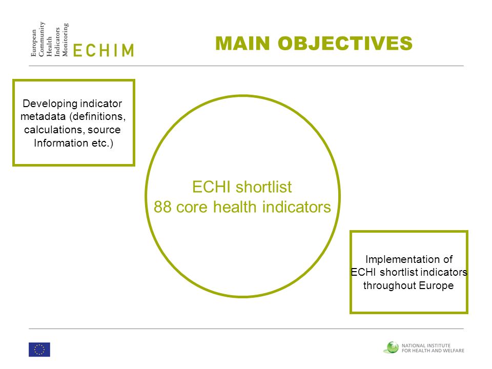 ECHI shortlist 88 core health indicators Developing indicator metadata (definitions, calculations, source Information etc.) Implementation of ECHI shortlist indicators throughout Europe