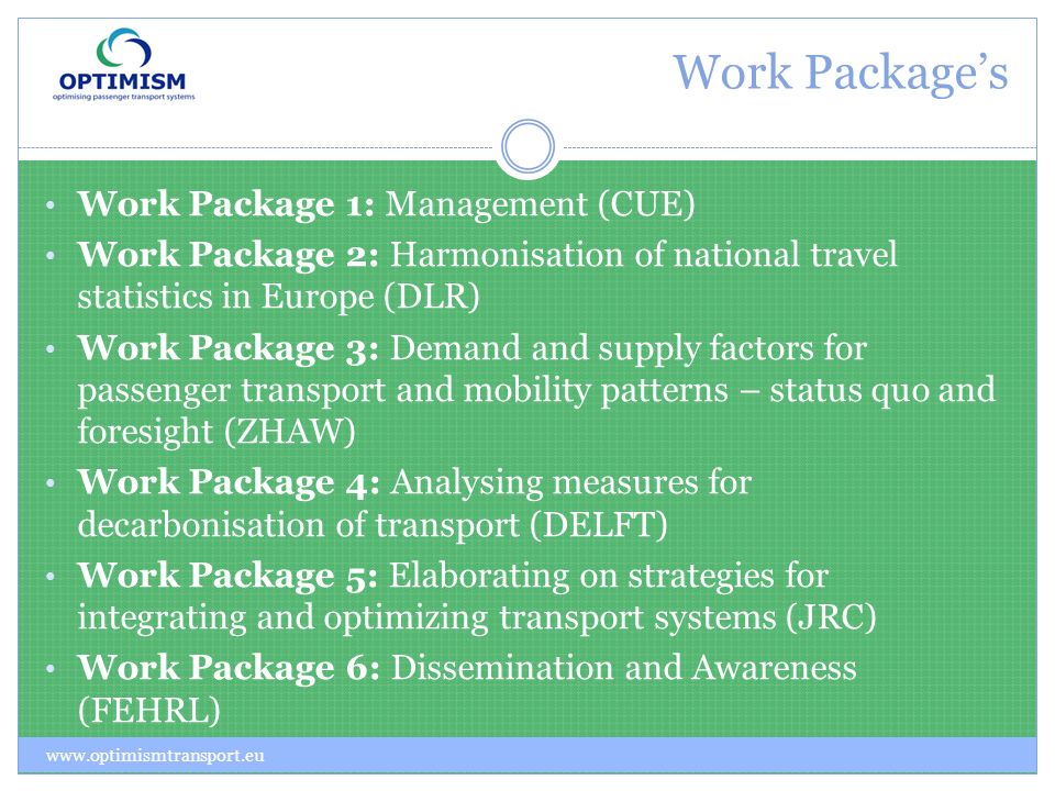 Work Packages Work Package 1: Management (CUE) Work Package 2: Harmonisation of national travel statistics in Europe (DLR) Work Package 3: Demand and supply factors for passenger transport and mobility patterns – status quo and foresight (ZHAW) Work Package 4: Analysing measures for decarbonisation of transport (DELFT) Work Package 5: Elaborating on strategies for integrating and optimizing transport systems (JRC) Work Package 6: Dissemination and Awareness (FEHRL)