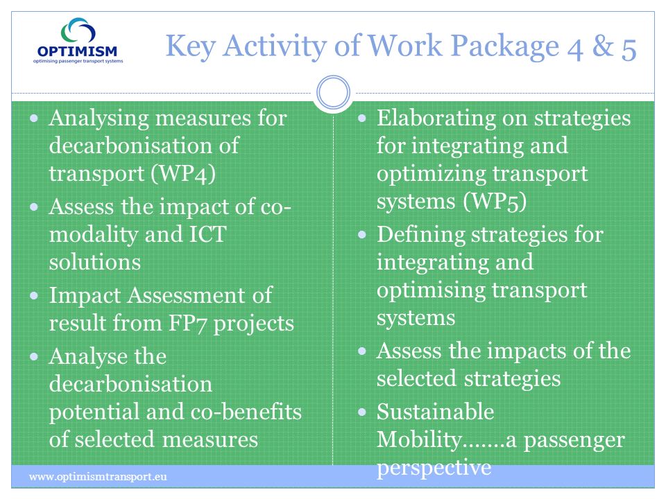 Key Activity of Work Package 4 & 5 Analysing measures for decarbonisation of transport (WP4) Assess the impact of co- modality and ICT solutions Impact Assessment of result from FP7 projects Analyse the decarbonisation potential and co-benefits of selected measures Elaborating on strategies for integrating and optimizing transport systems (WP5) Defining strategies for integrating and optimising transport systems Assess the impacts of the selected strategies Sustainable Mobility a passenger perspective