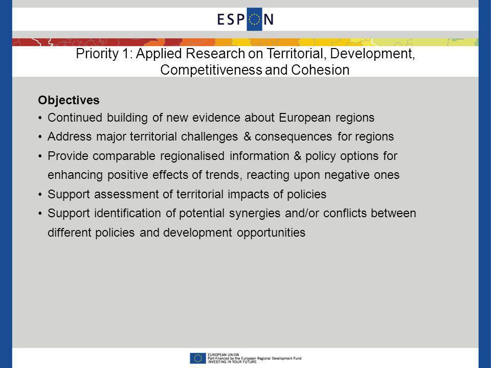 Priority 1: Applied Research on Territorial, Development, Competitiveness and Cohesion Objectives Continued building of new evidence about European regions Address major territorial challenges & consequences for regions Provide comparable regionalised information & policy options for enhancing positive effects of trends, reacting upon negative ones Support assessment of territorial impacts of policies Support identification of potential synergies and/or conflicts between different policies and development opportunities