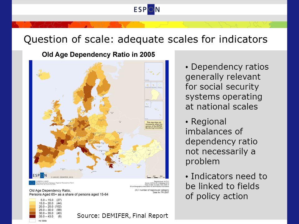 Dependency ratios generally relevant for social security systems operating at national scales Regional imbalances of dependency ratio not necessarily a problem Indicators need to be linked to fields of policy action Question of scale: adequate scales for indicators Source: DEMIFER, Final Report