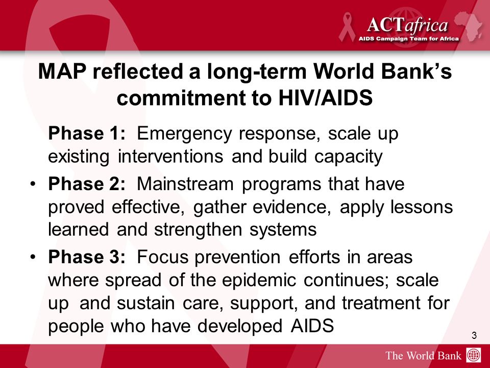 3 MAP reflected a long-term World Banks commitment to HIV/AIDS Phase 1: Emergency response, scale up existing interventions and build capacity Phase 2: Mainstream programs that have proved effective, gather evidence, apply lessons learned and strengthen systems Phase 3: Focus prevention efforts in areas where spread of the epidemic continues; scale up and sustain care, support, and treatment for people who have developed AIDS
