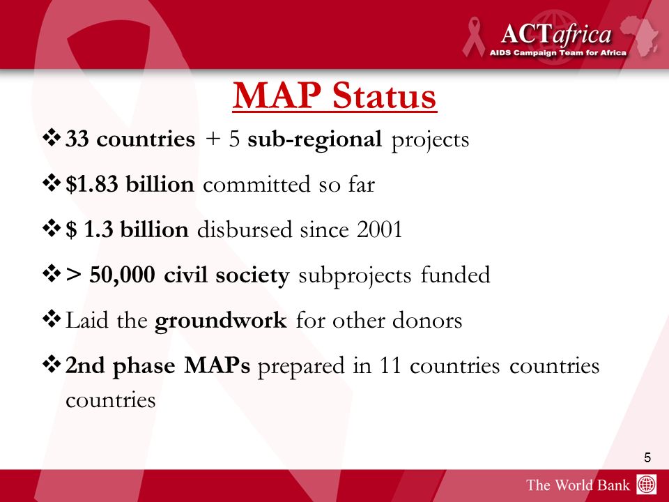 5 MAP Status 33 countries + 5 sub-regional projects $1.83 billion committed so far $ 1.3 billion disbursed since 2001 > 50,000 civil society subprojects funded Laid the groundwork for other donors 2nd phase MAPs prepared in 11 countries countries countries