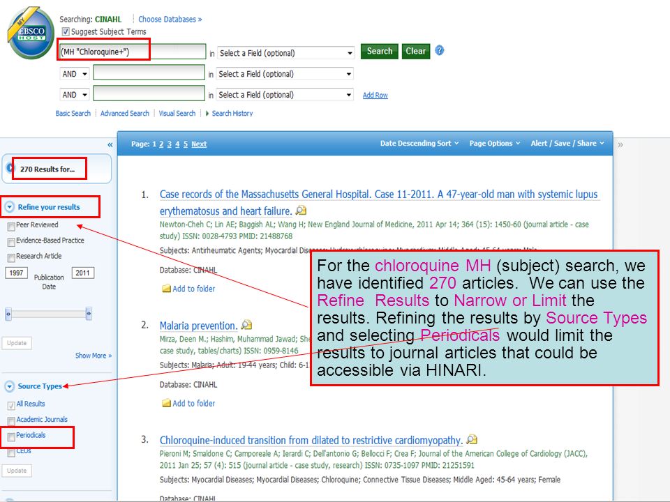 For the chloroquine MH (subject) search, we have identified 270 articles.