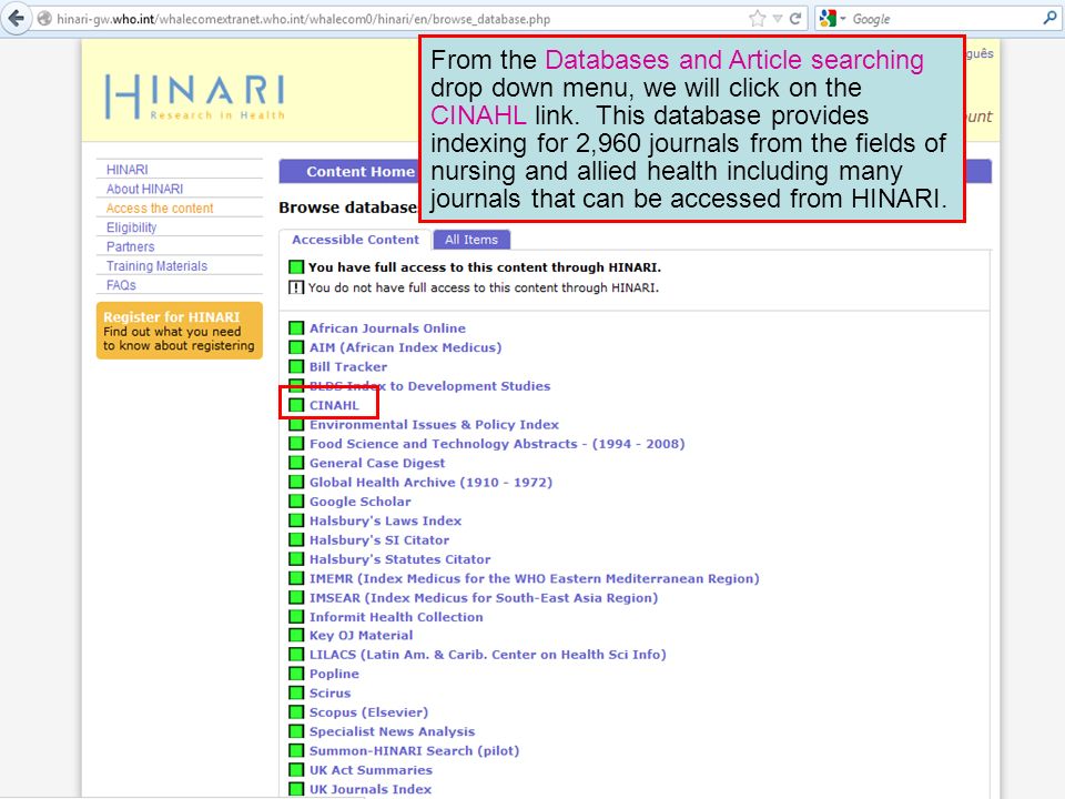 From the Databases and Article searching drop down menu, we will click on the CINAHL link.